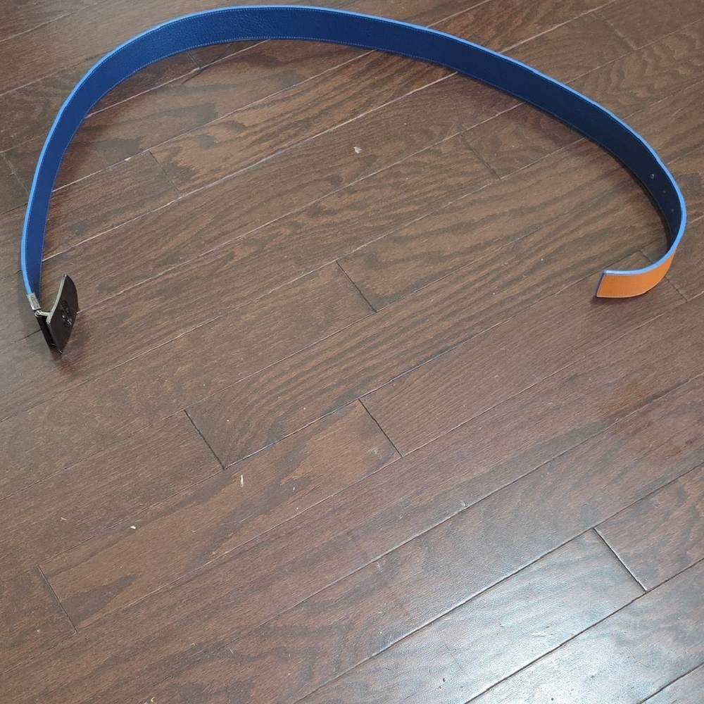 Coach Men's Reversible Leather Belt in Orange and Blue with Logo Buckle - Picture 7 of 10